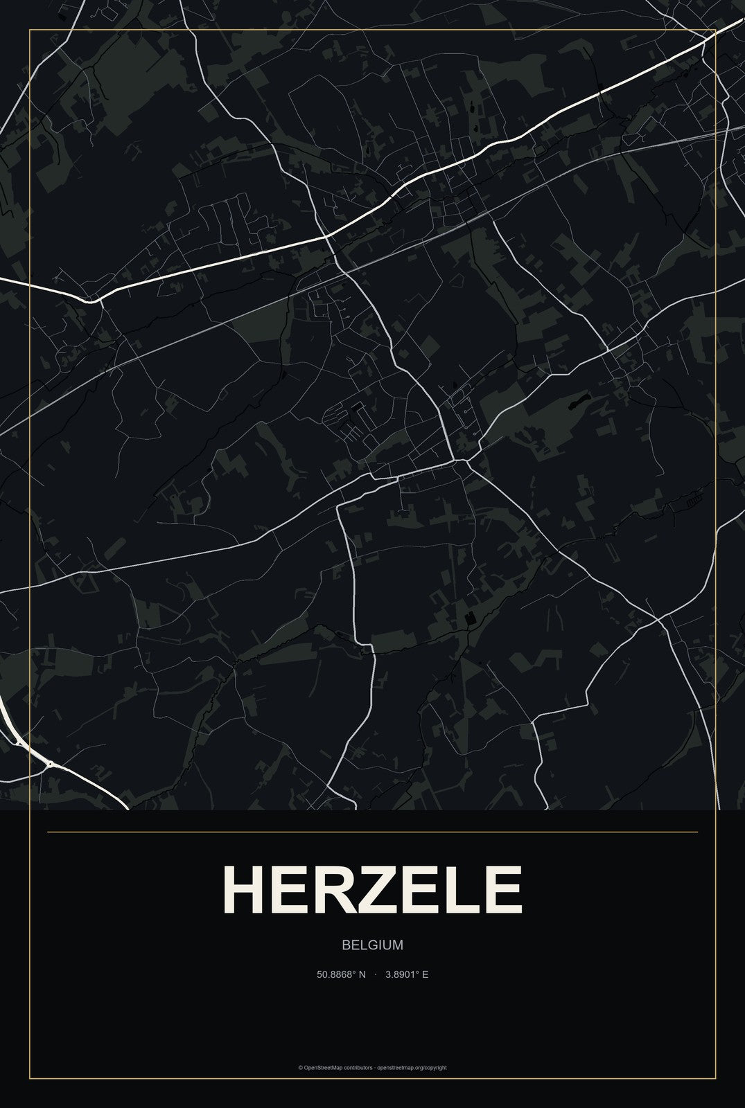 Herzele, Belgium City Map Aluminum Sign in Metropolitan Noir style