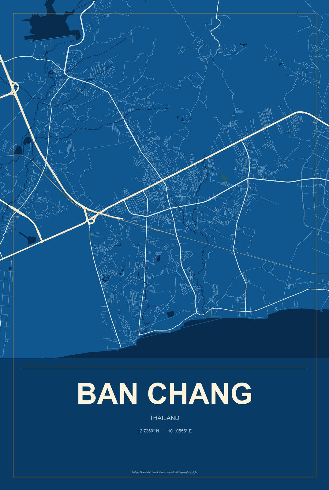 Ban Chang, Thailand City Map Aluminum Sign in Harbor Cobalt style