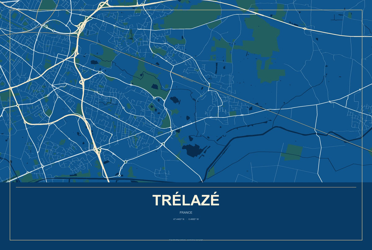 Trélazé, France City Map Aluminum Sign in Harbor Cobalt style