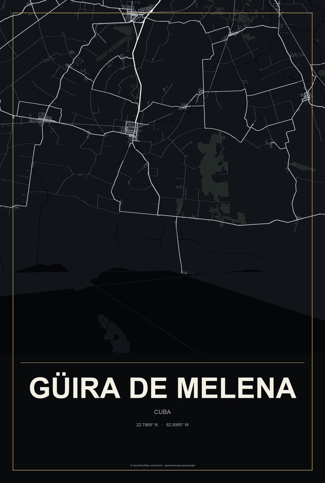 Güira de Melena, Cuba City Map Aluminum Sign in Metropolitan Noir style