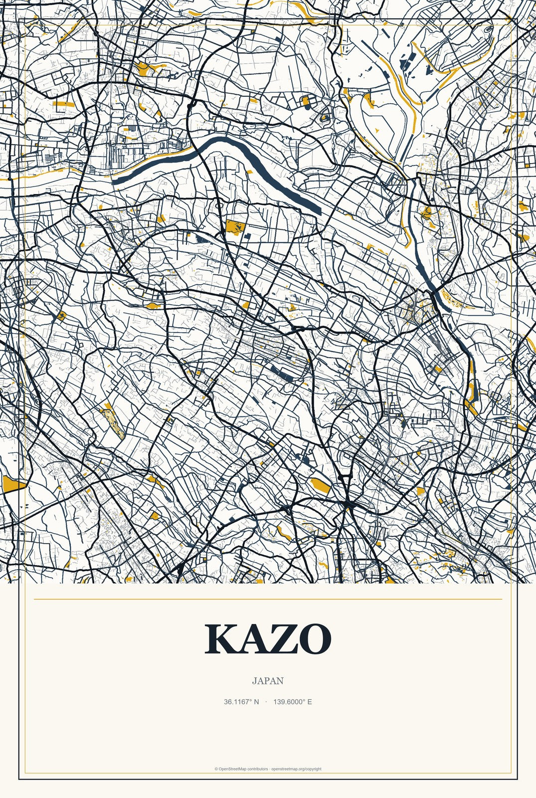 Kazo, Japan City Map Aluminum Sign in Citrine Modern style