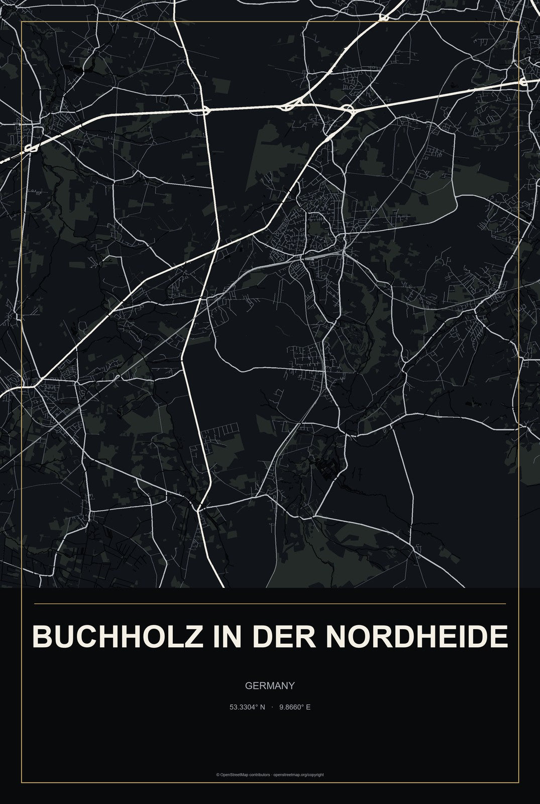 Buchholz in der Nordheide, Germany City Map Aluminum Sign in Metropolitan Noir style