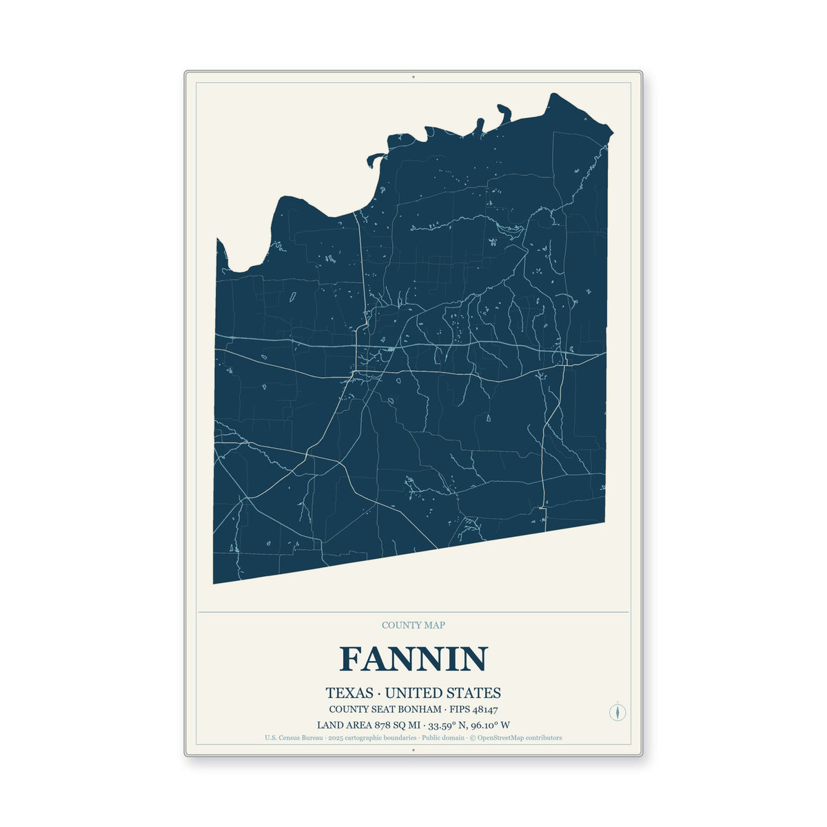 Fannin County, Texas Map Aluminum Sign in Coastal Cutout style