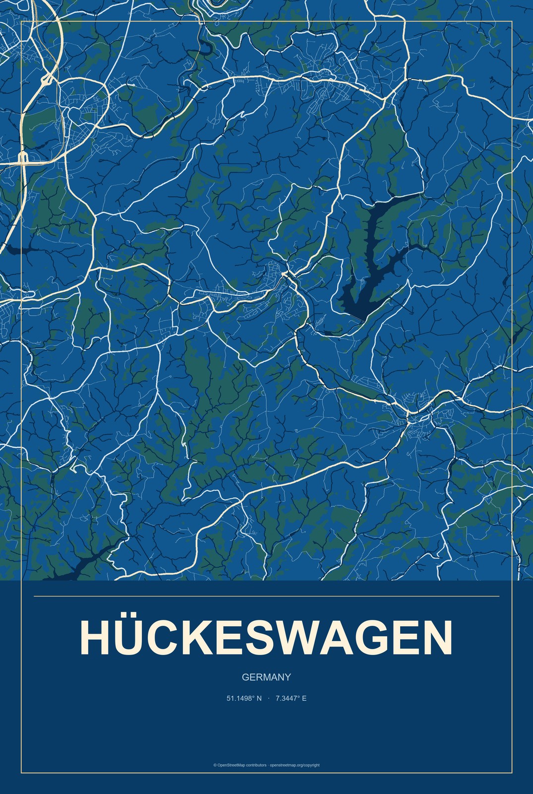 Hückeswagen, Germany City Map Aluminum Sign in Harbor Cobalt style