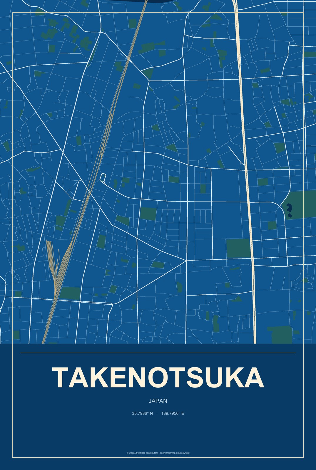 Takenotsuka, Japan City Map Aluminum Sign in Harbor Cobalt style