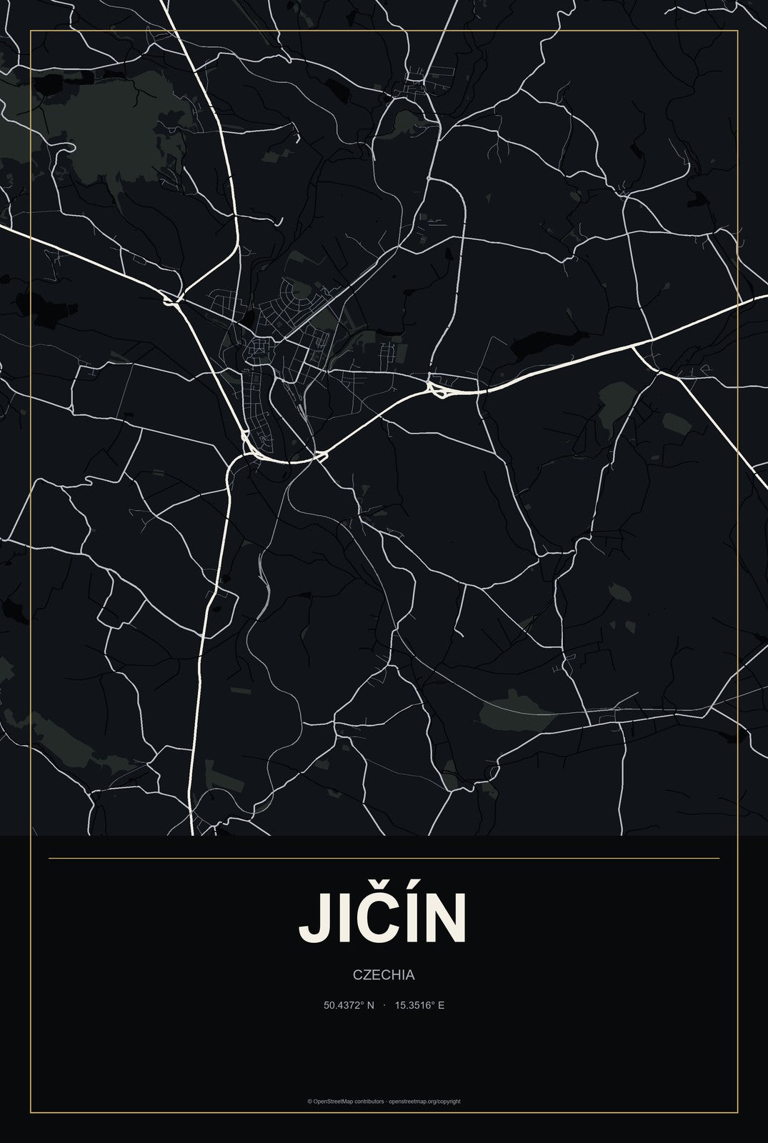 Jičín, Czechia City Map Aluminum Sign in Metropolitan Noir style