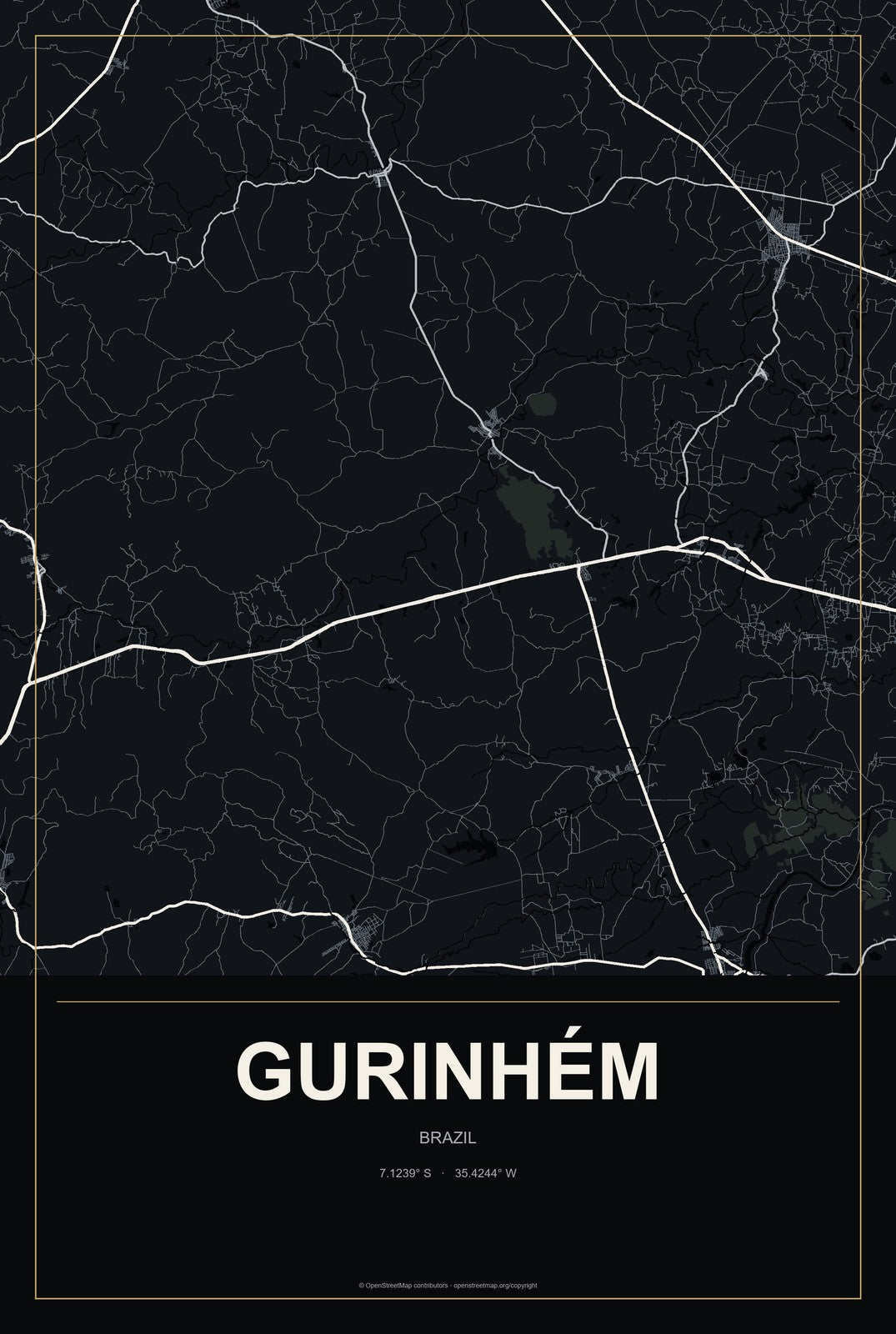 Gurinhém, Brazil City Map Aluminum Sign in Metropolitan Noir style