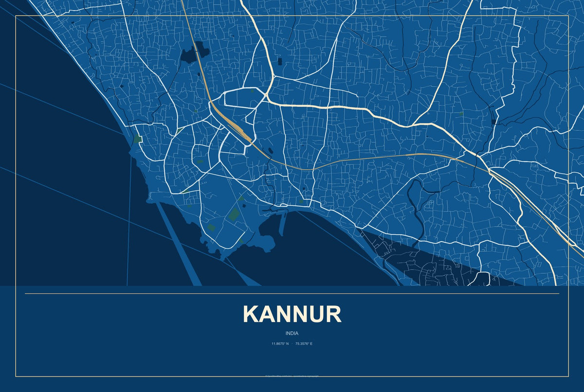 Kannur, India City Map Aluminum Sign in Harbor Cobalt style