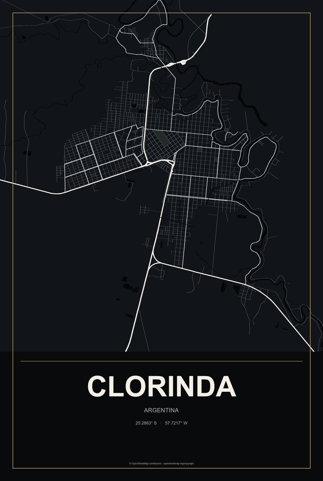 Clorinda, Argentina City Map Aluminum Sign in Metropolitan Noir style
