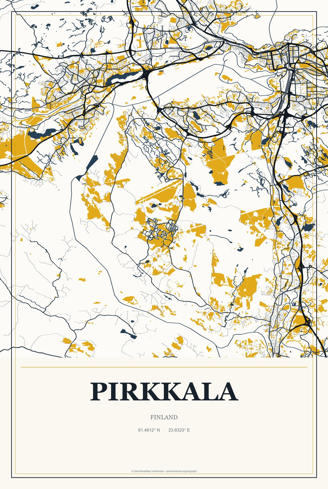 Pirkkala, Finland City Map Aluminum Sign in Citrine Modern style