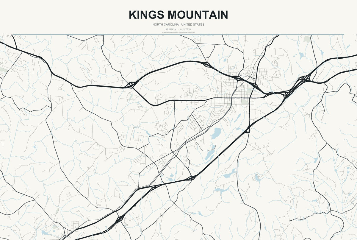 Kings Mountain, North Carolina City Map Aluminum Sign in Headline Atlas style