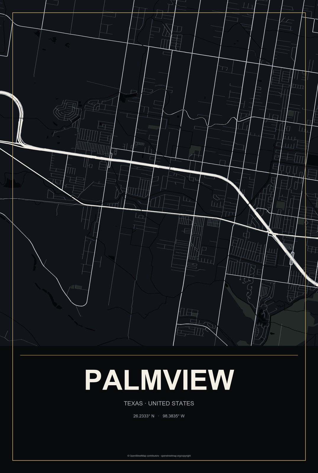 Palmview, Texas City Map Aluminum Sign in Metropolitan Noir style