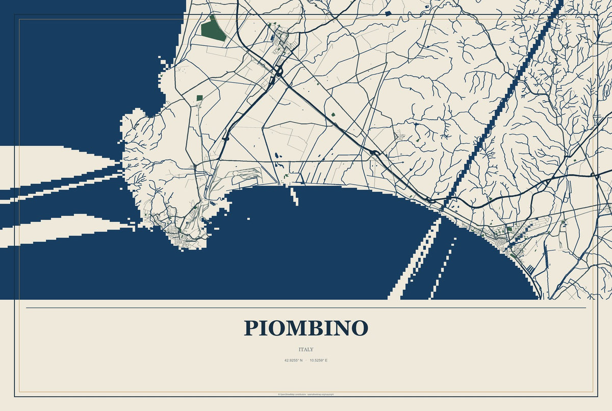 Piombino, Italy City Map Aluminum Sign in Coastal Cutout style