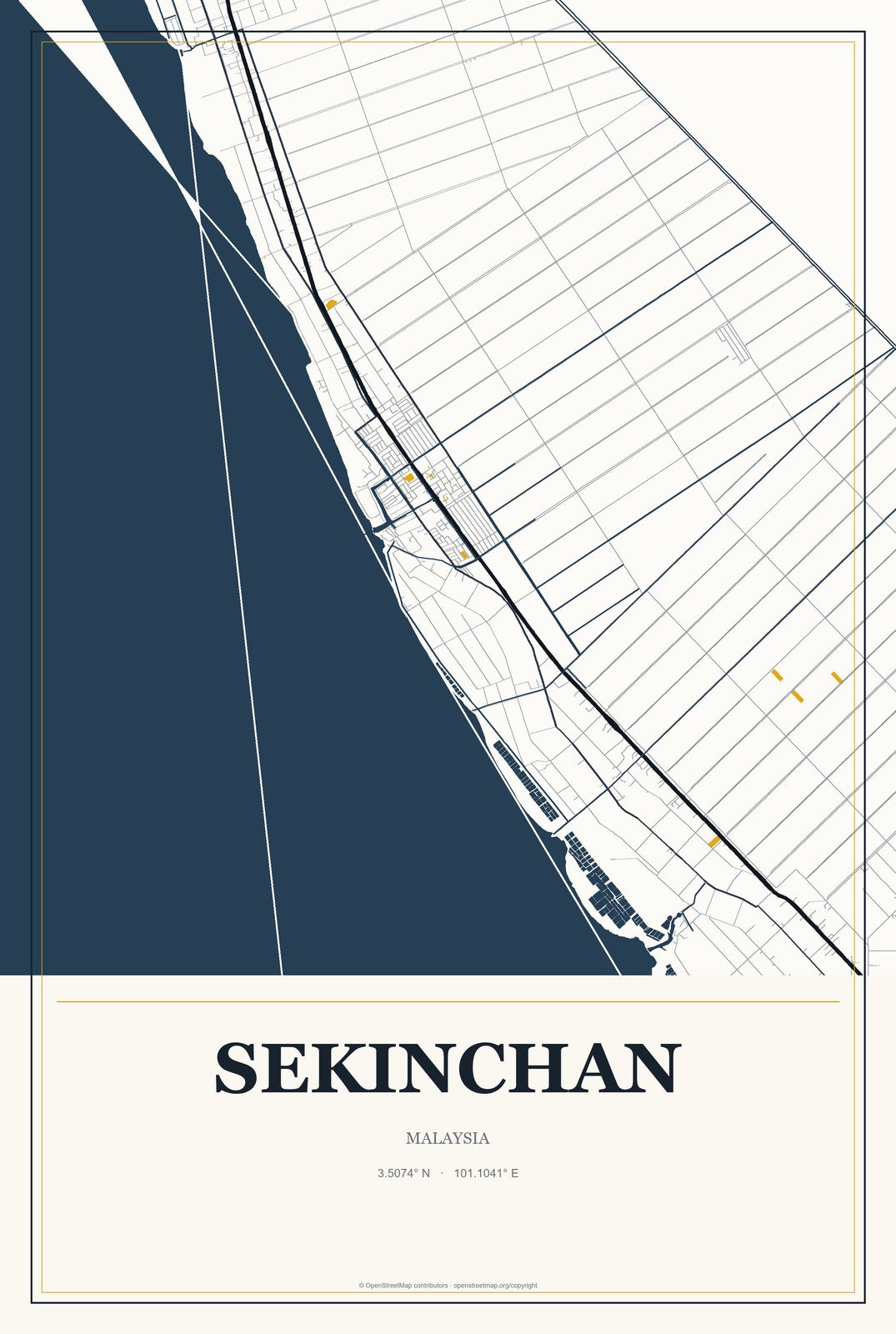 Sekinchan, Malaysia City Map Aluminum Sign in Citrine Modern style