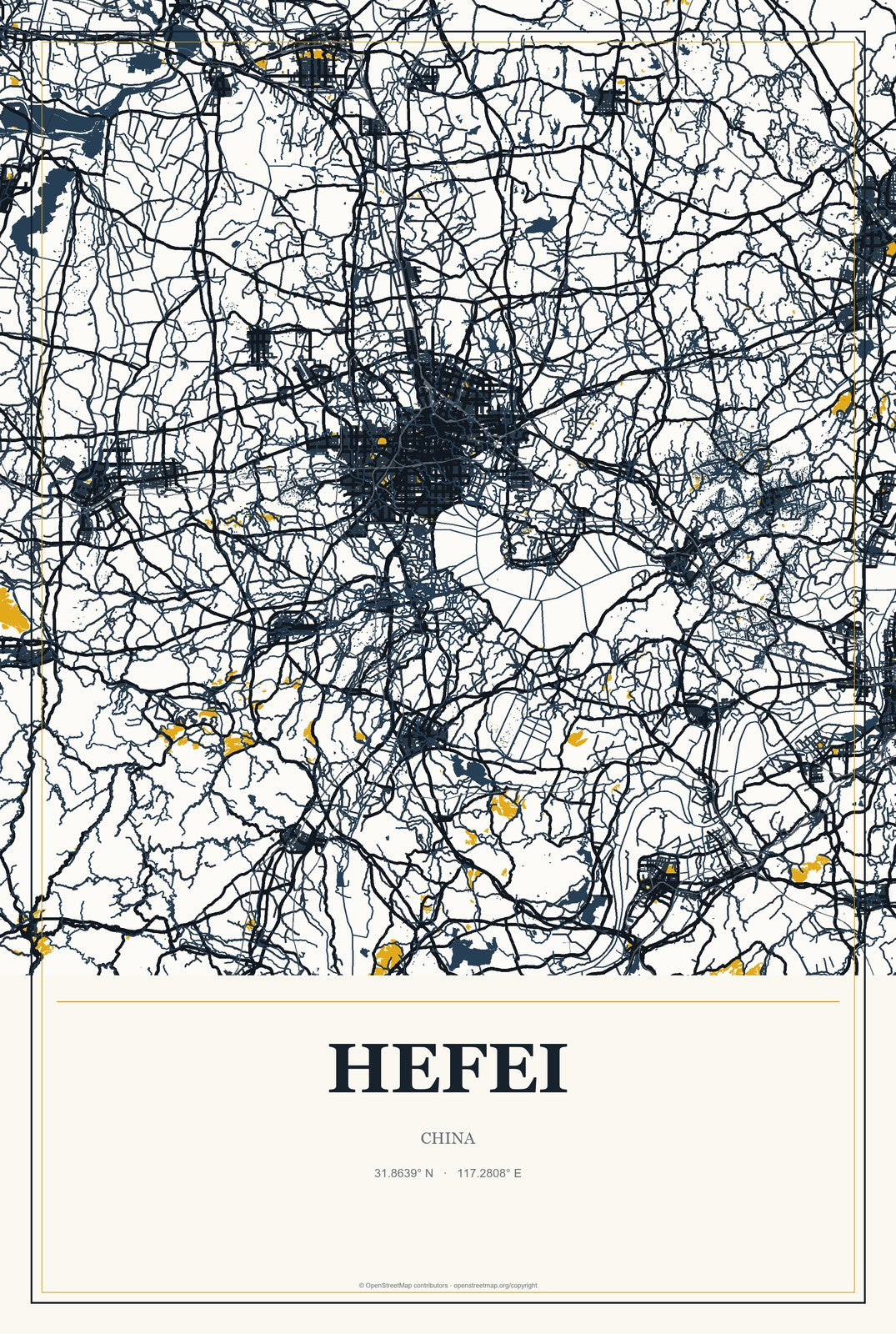 Hefei, China City Map Aluminum Sign in Citrine Modern style