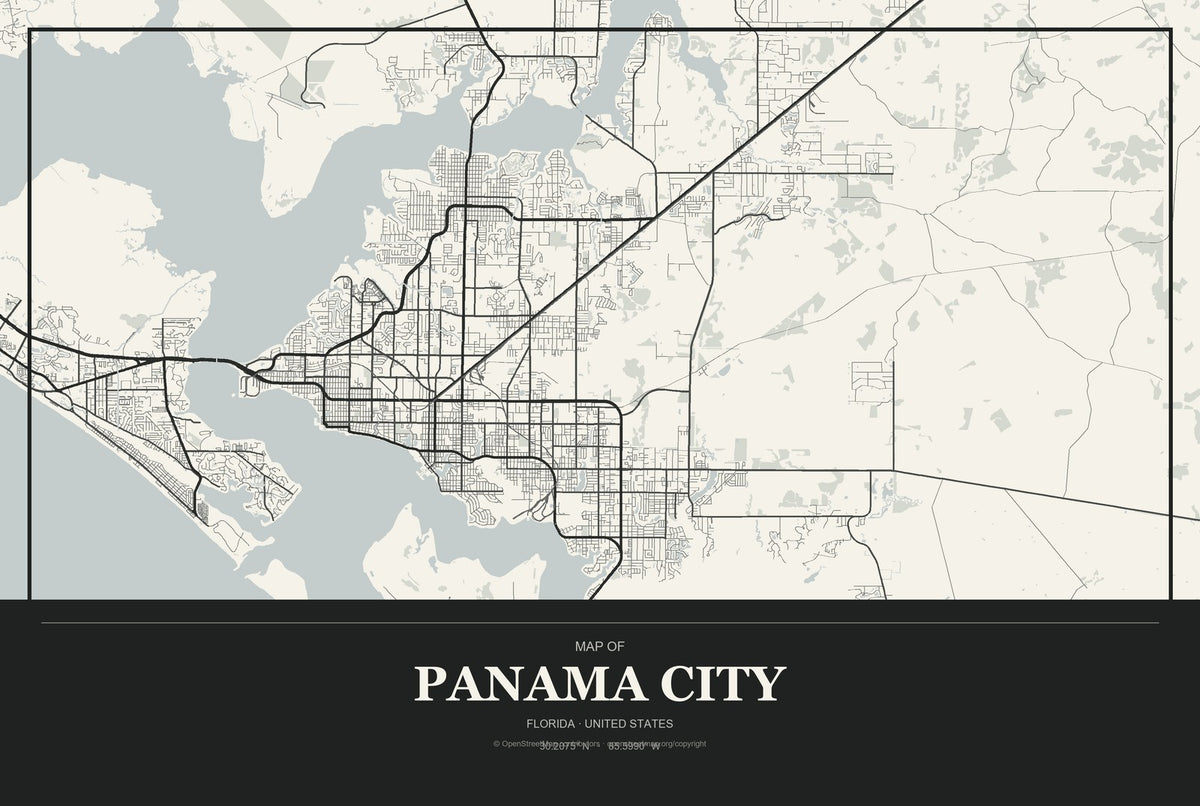 Panama City, Florida City Map Aluminum Sign in Museum Plaque style