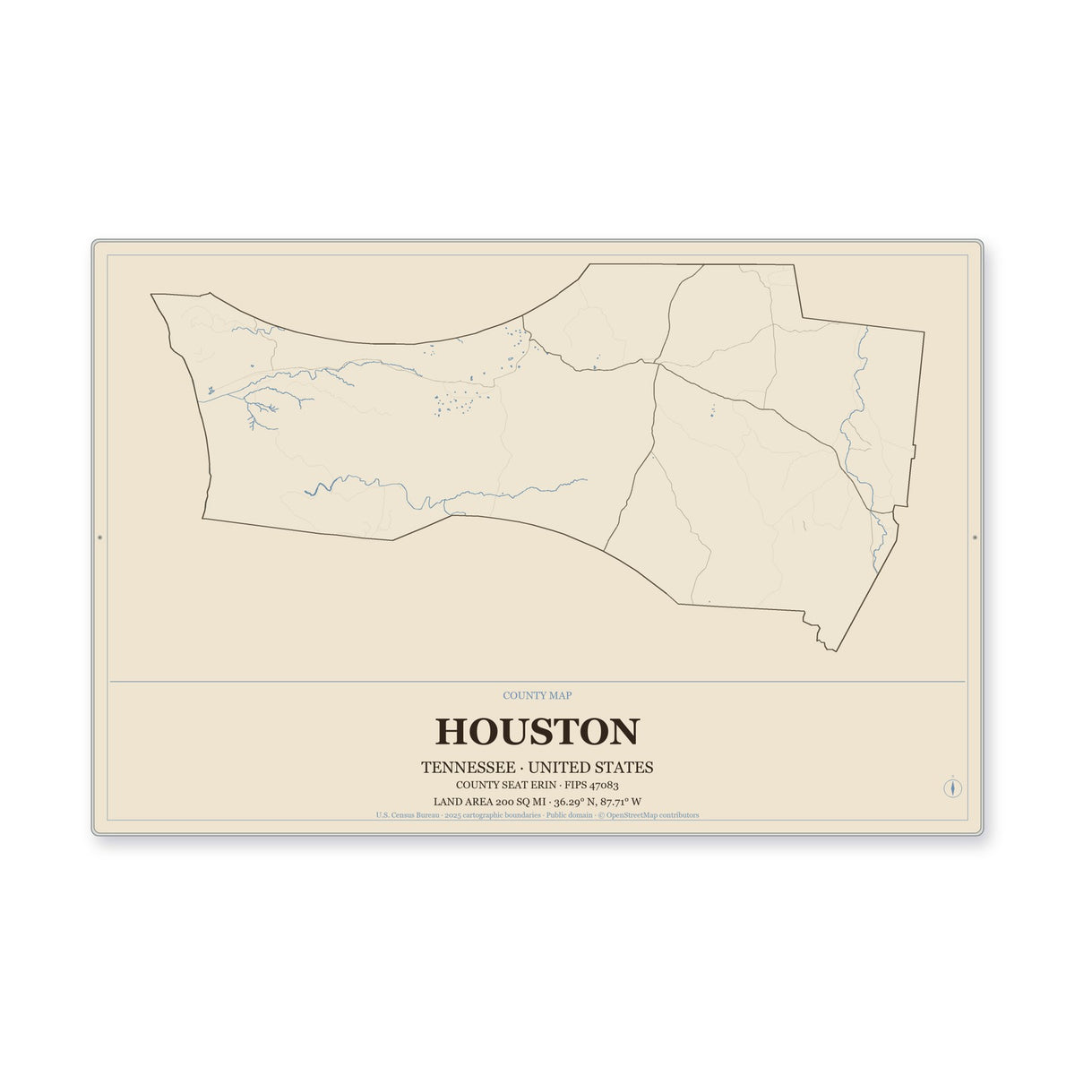 Houston County, Tennessee Map Aluminum Sign in Heritage Nautical style