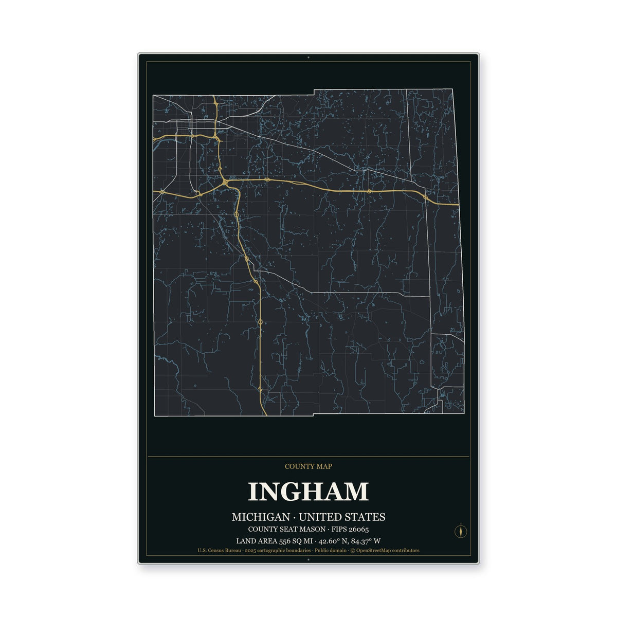 Ingham County, Michigan Map Aluminum Sign in Metropolitan Noir style