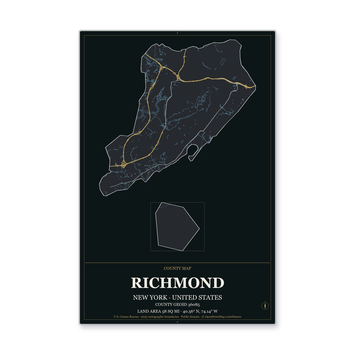 Richmond County, New York Map Aluminum Sign in Metropolitan Noir style