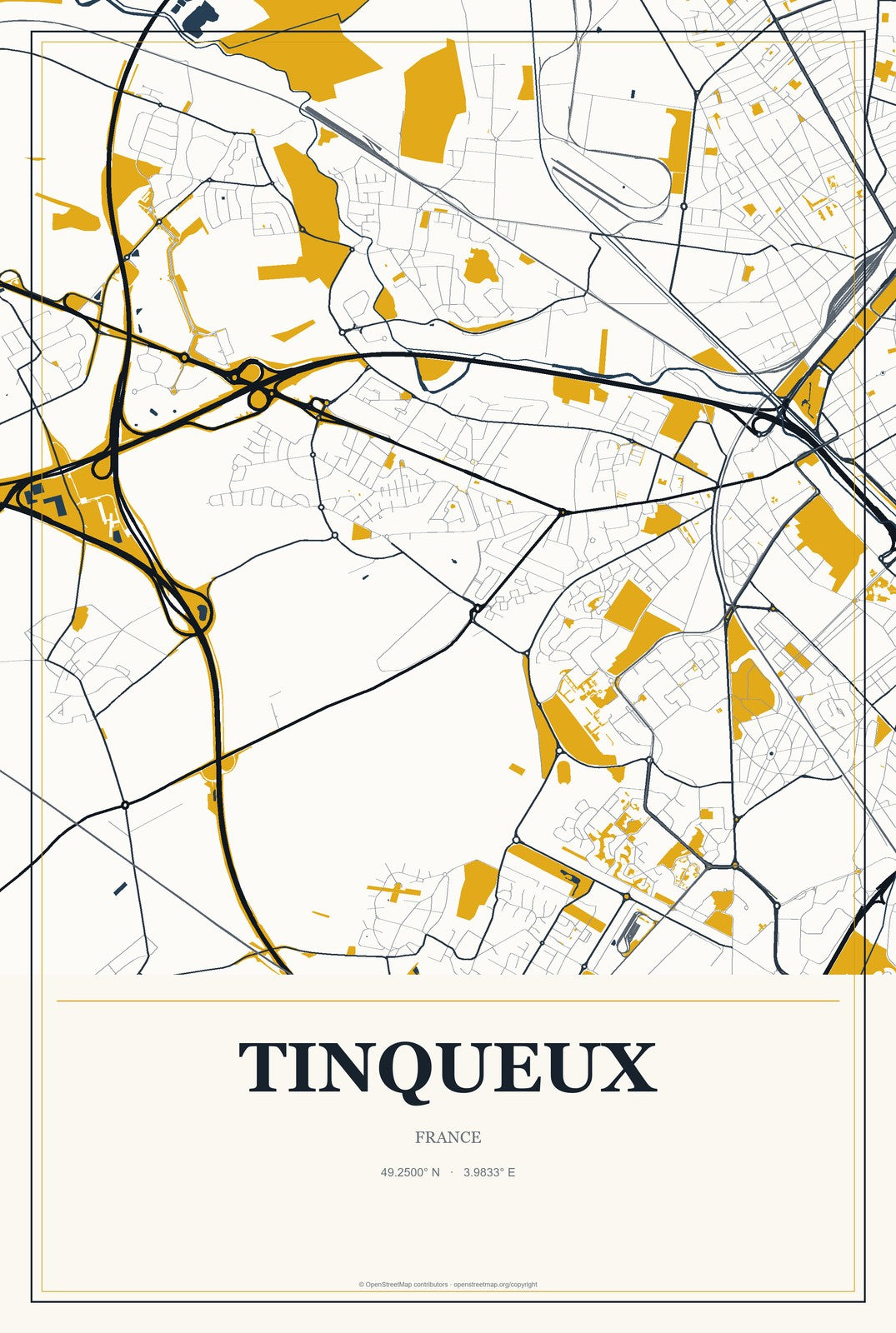 Tinqueux, France City Map Aluminum Sign in Citrine Modern style