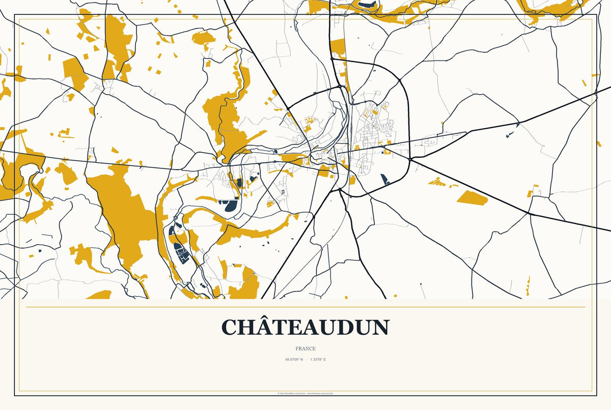 Châteaudun, France City Map Aluminum Sign in Citrine Modern style