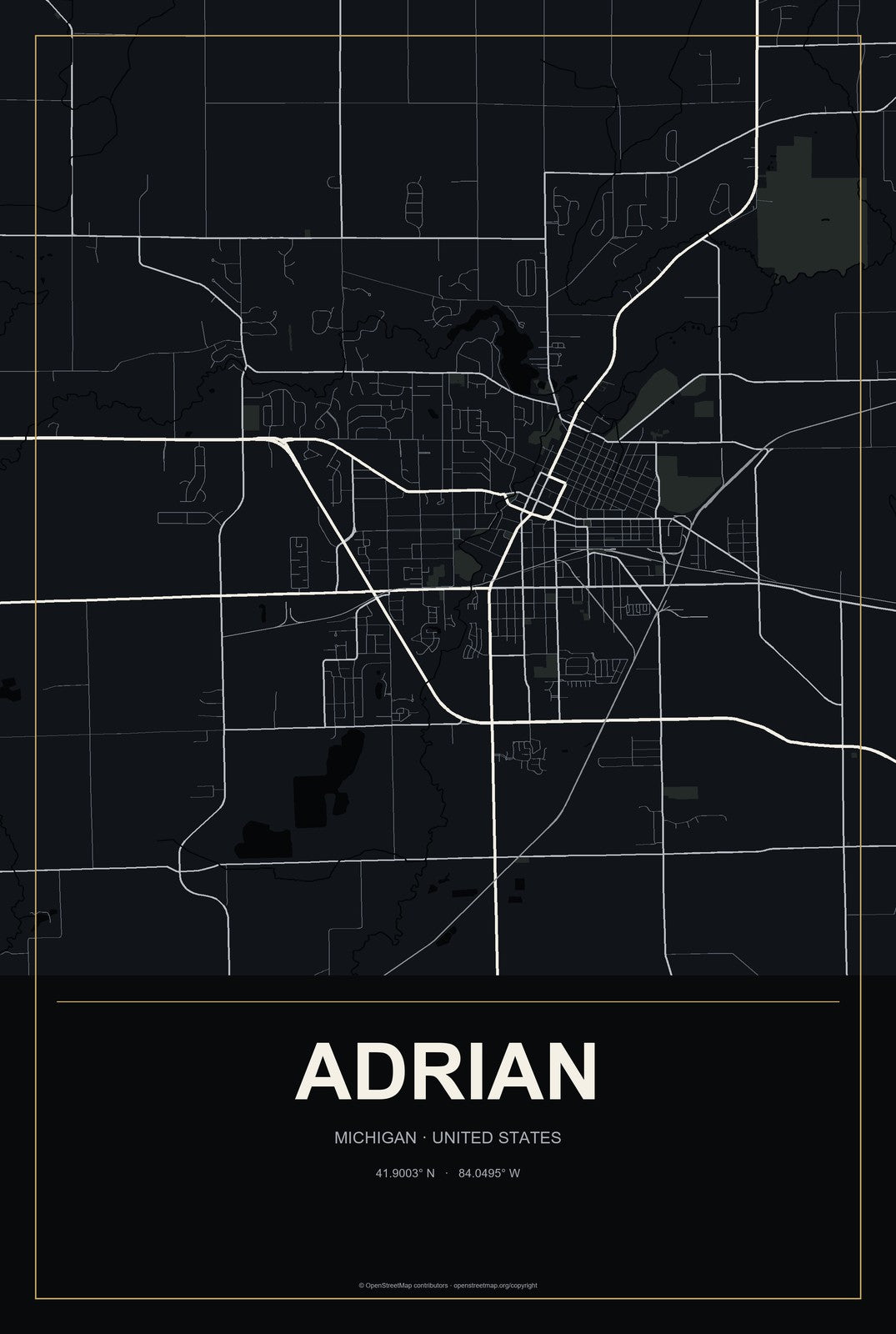 Adrian, Michigan City Map Aluminum Sign in Metropolitan Noir style