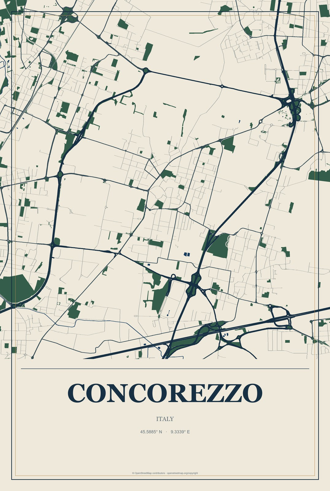 Concorezzo, Italy City Map Aluminum Sign in Coastal Cutout style