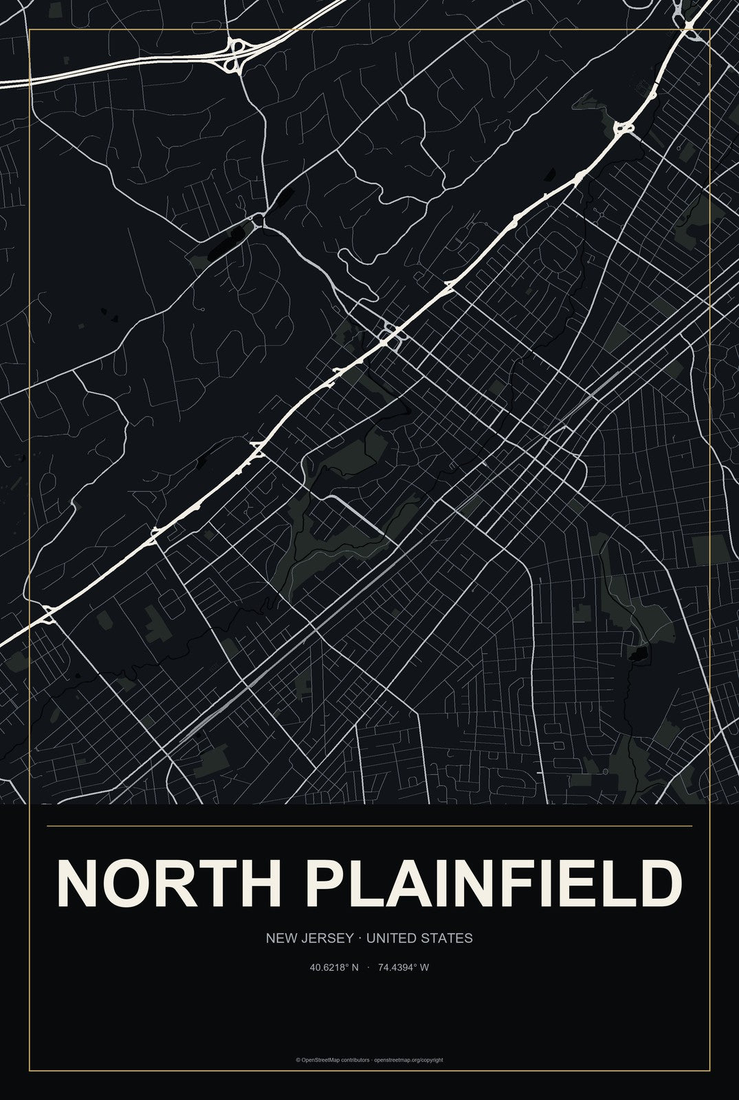 North Plainfield, New Jersey City Map Aluminum Sign in Metropolitan Noir style