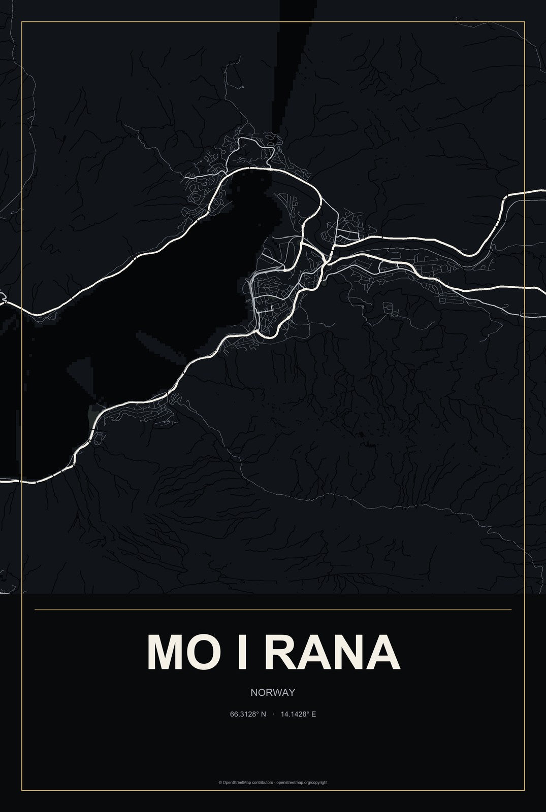Mo i Rana, Norway City Map Aluminum Sign in Metropolitan Noir style