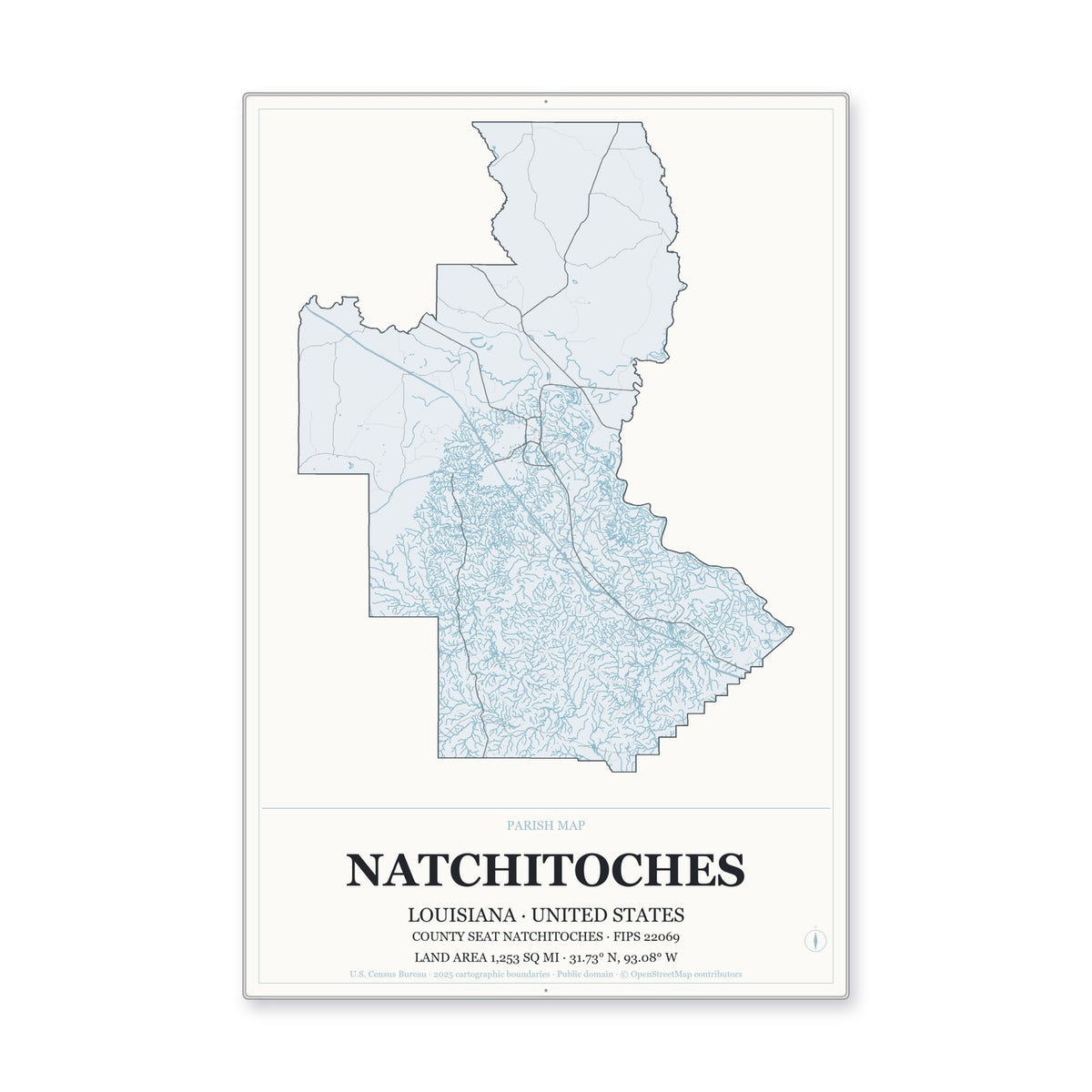 Natchitoches Parish, Louisiana Map Aluminum Sign in Gallery Air style