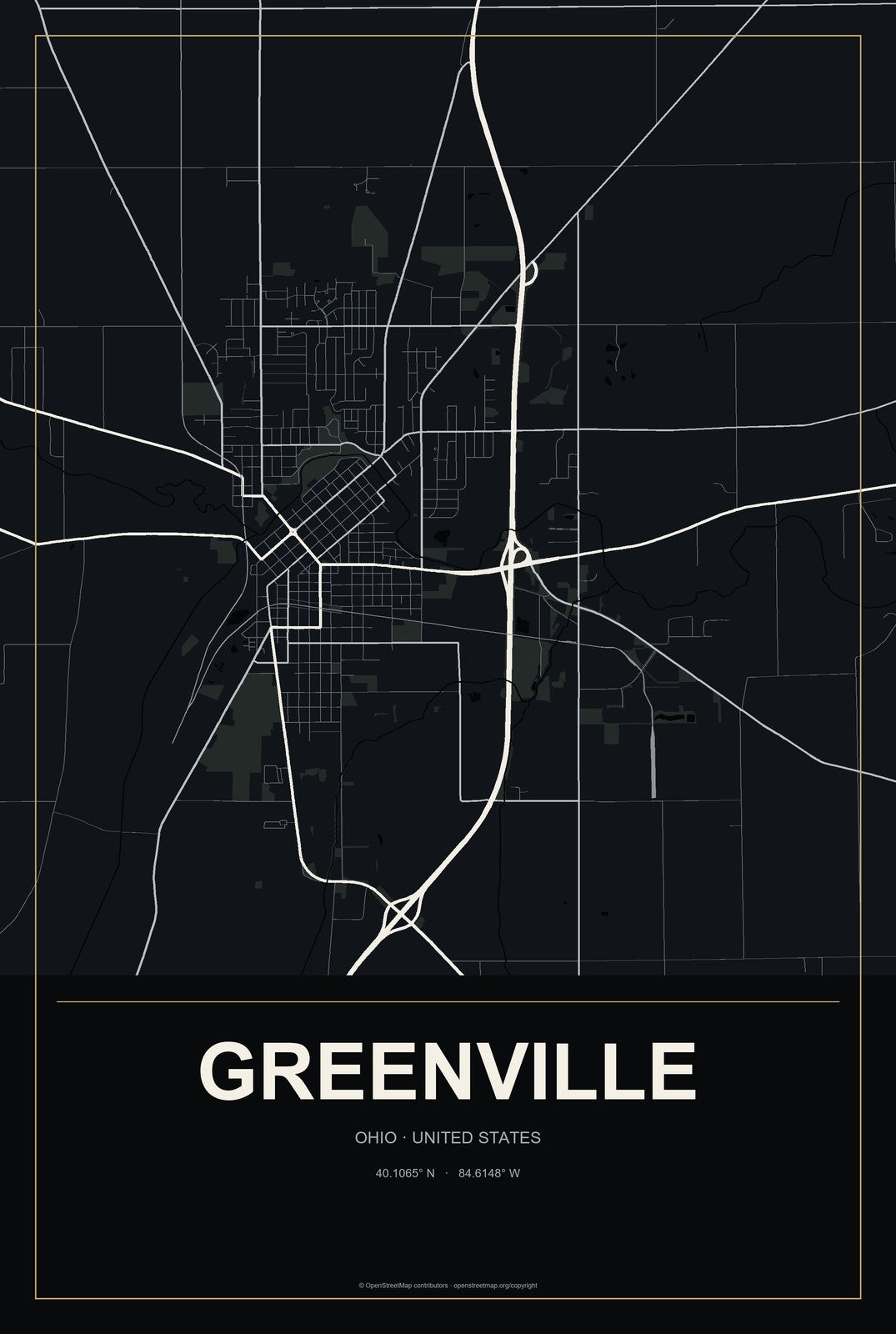 Greenville, Ohio City Map Aluminum Sign in Metropolitan Noir style