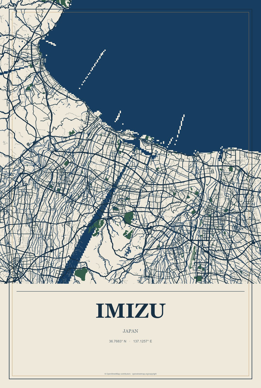 Imizu, Japan City Map Aluminum Sign in Coastal Cutout style
