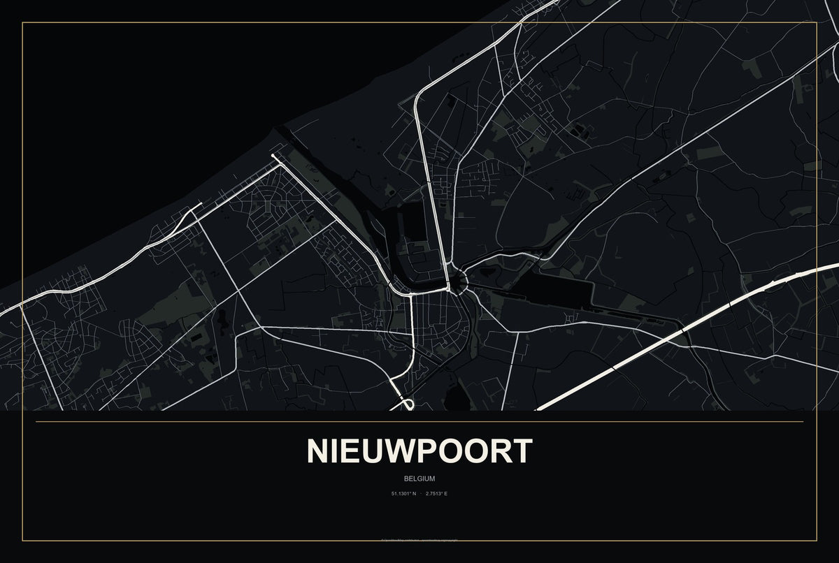 Nieuwpoort, Belgium City Map Aluminum Sign in Metropolitan Noir style