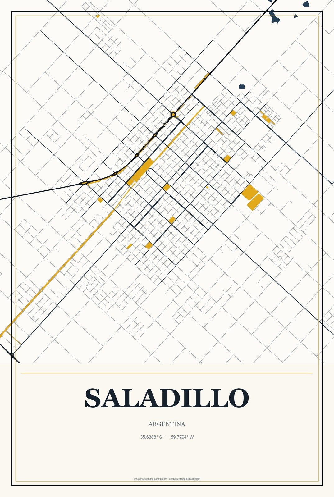 Saladillo, Argentina City Map Aluminum Sign in Citrine Modern style