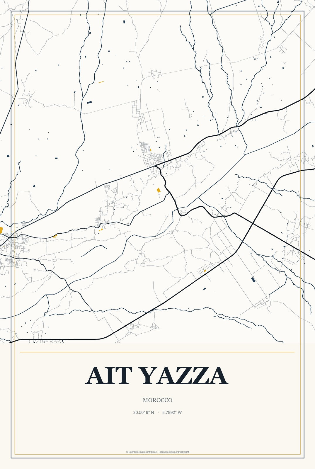 Ait Yazza, Morocco City Map Aluminum Sign in Citrine Modern style