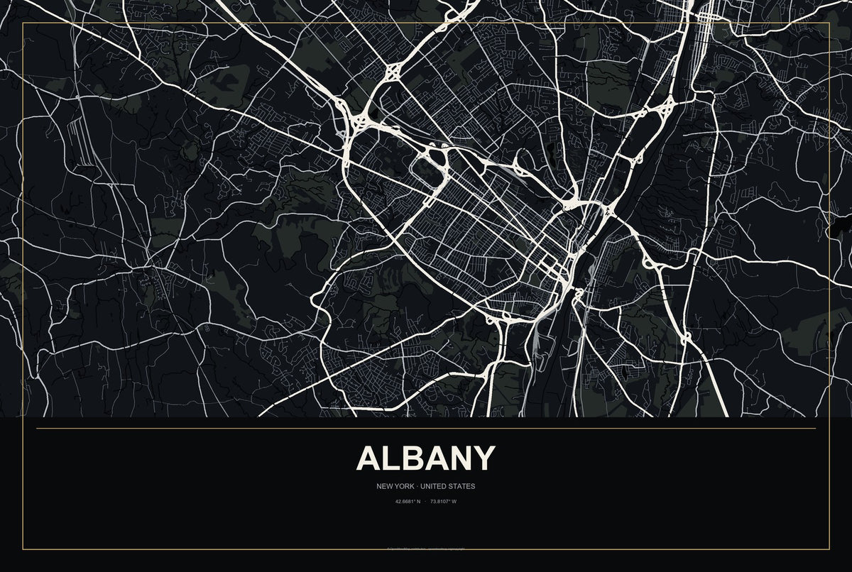 Albany, New York City Map Aluminum Sign in Metropolitan Noir style