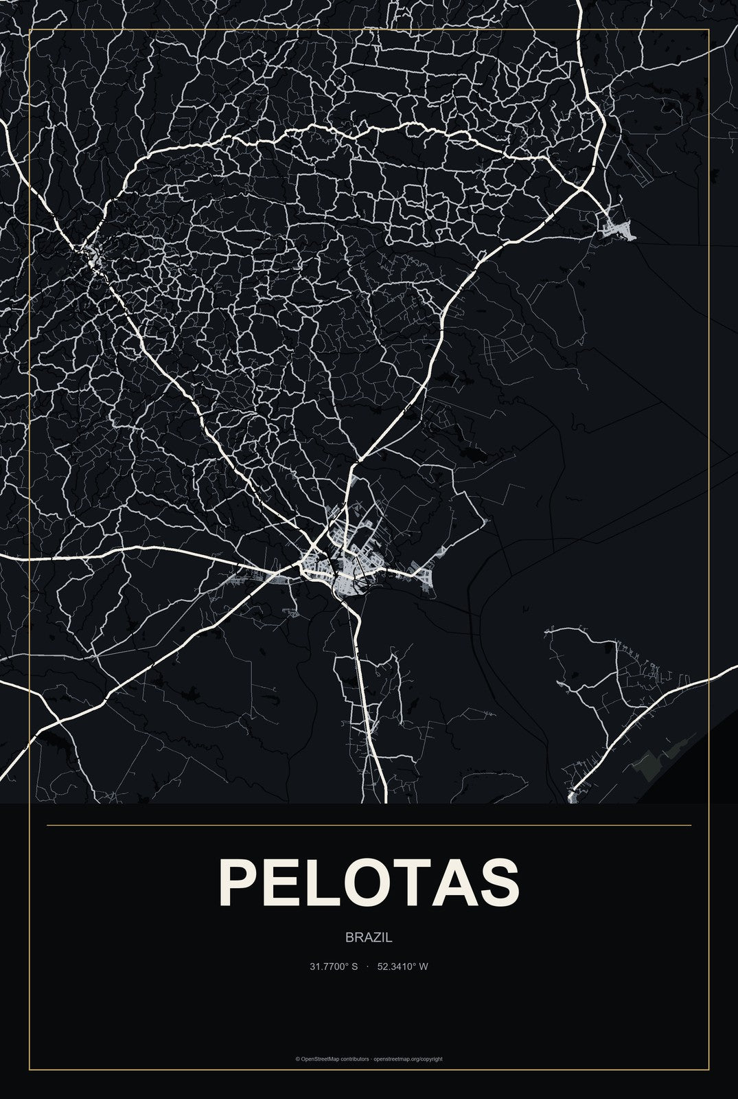 Pelotas, Brazil City Map Aluminum Sign in Metropolitan Noir style