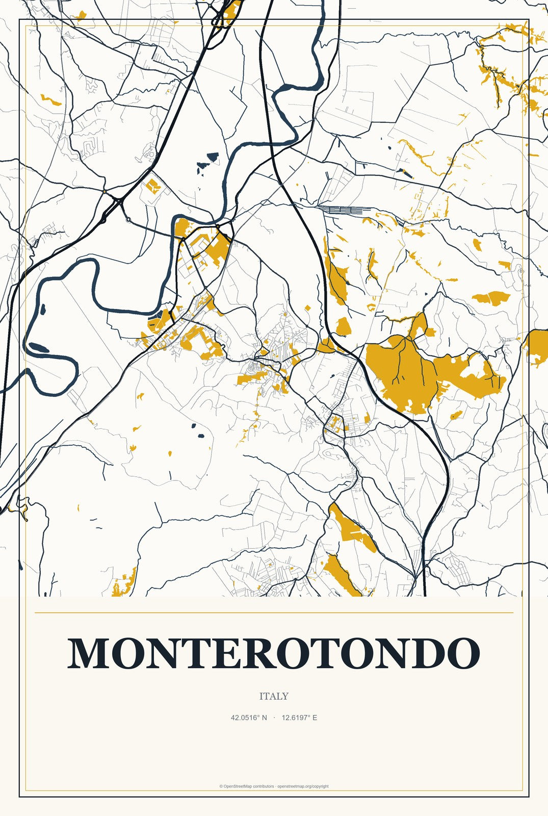 Monterotondo, Italy City Map Aluminum Sign in Citrine Modern style