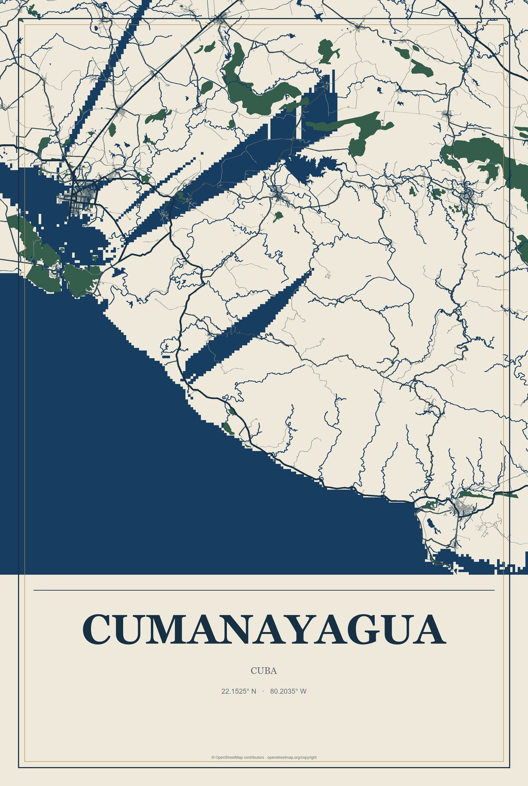 Cumanayagua, Cuba City Map Aluminum Sign in Coastal Cutout style