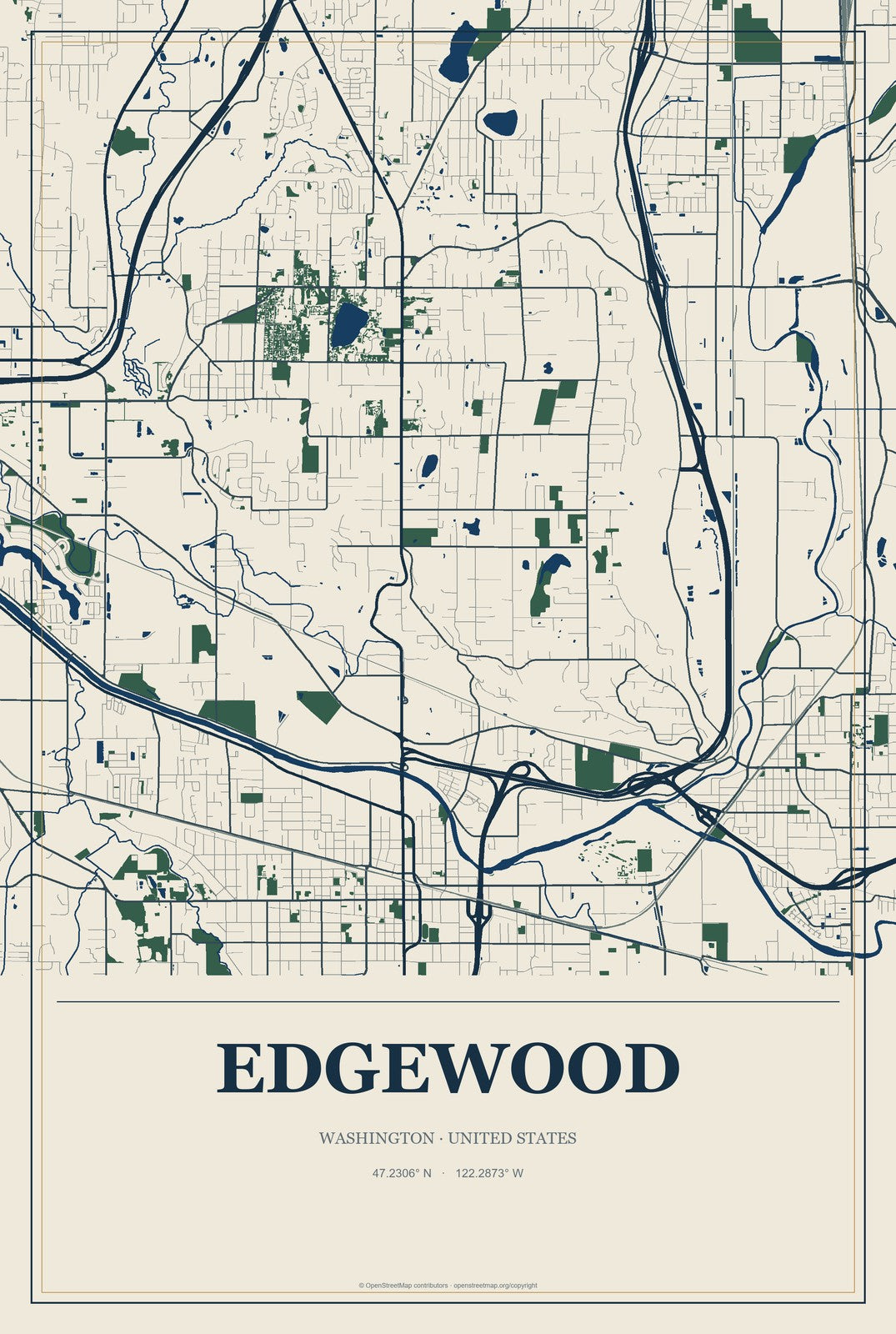 Edgewood, Washington City Map Aluminum Sign in Coastal Cutout style