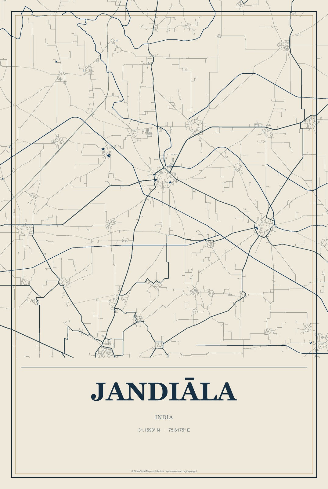 Jandiāla, India City Map Aluminum Sign in Coastal Cutout style
