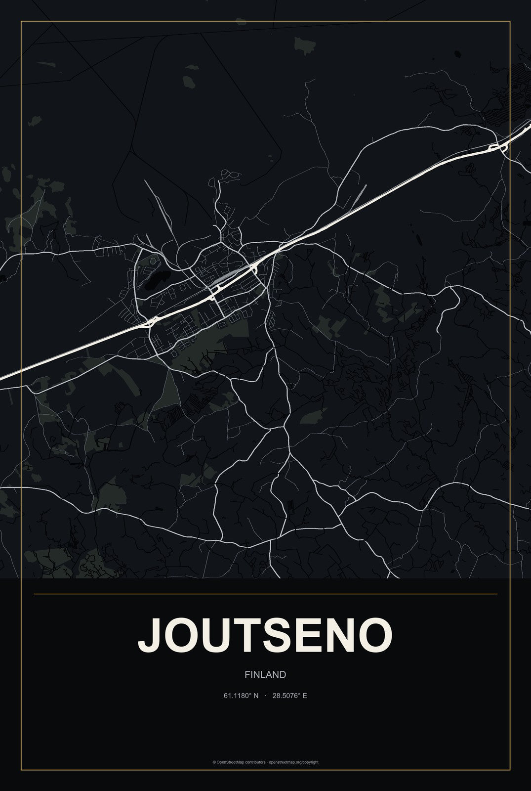 Joutseno, Finland City Map Aluminum Sign in Metropolitan Noir style