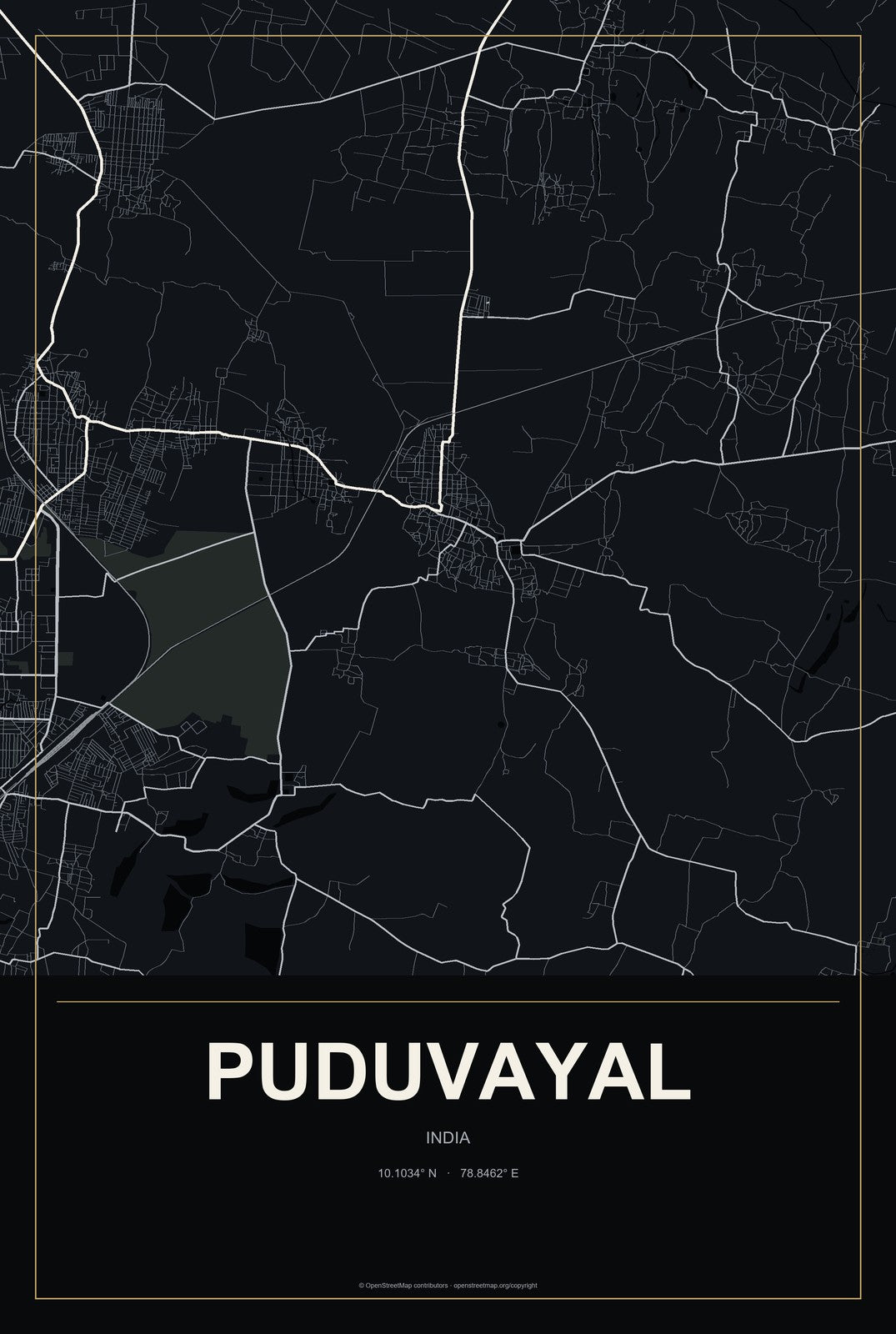 Puduvayal, India City Map Aluminum Sign in Metropolitan Noir style
