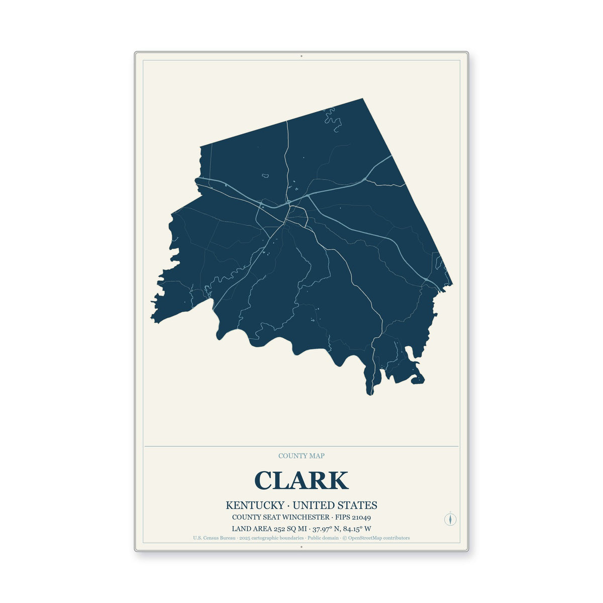 Clark County, Kentucky Map Aluminum Sign in Coastal Cutout style