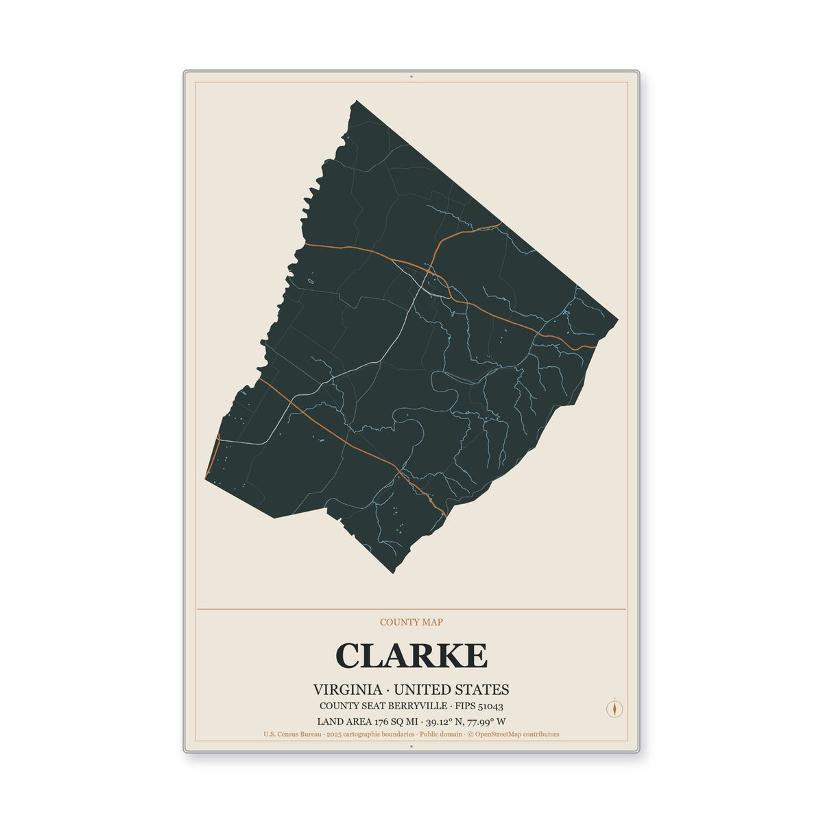 Clarke County, Virginia Map Aluminum Sign in Headline Atlas style