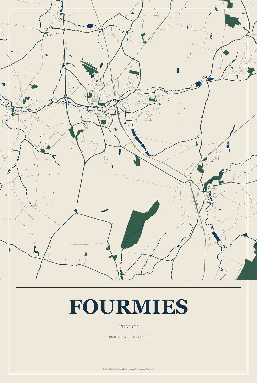 Fourmies, France City Map Aluminum Sign in Coastal Cutout style