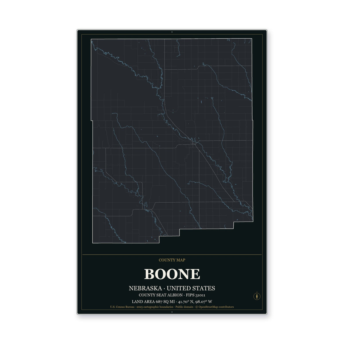 Boone County, Nebraska Map Aluminum Sign in Metropolitan Noir style