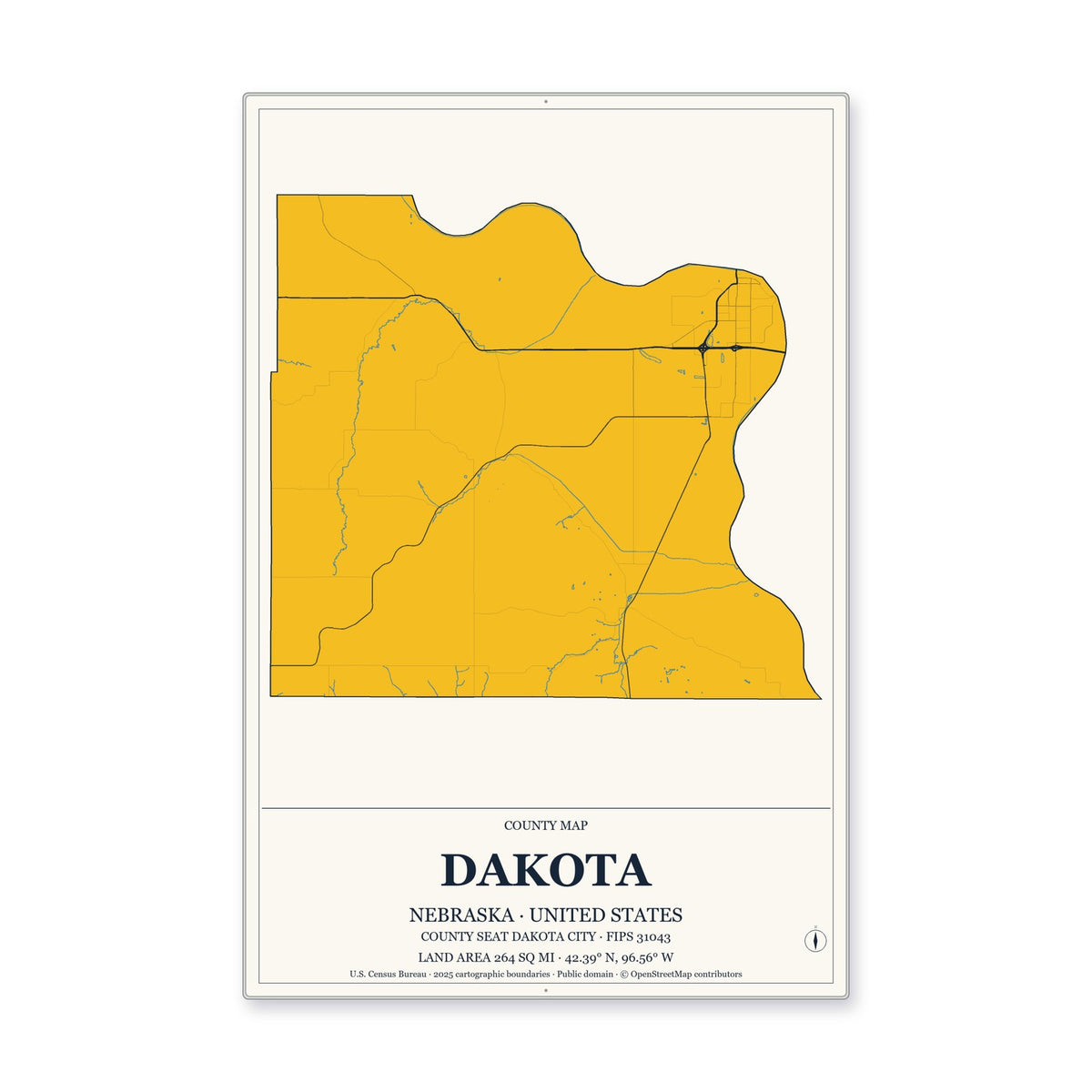 Dakota County, Nebraska Map Aluminum Sign in Citrine Modern style