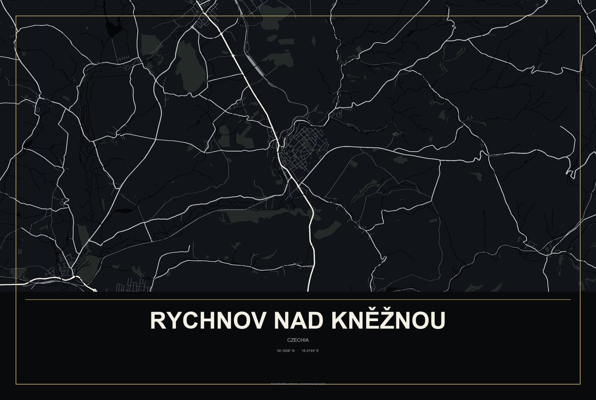 Rychnov nad Kněžnou, Czechia City Map Aluminum Sign in Metropolitan Noir style