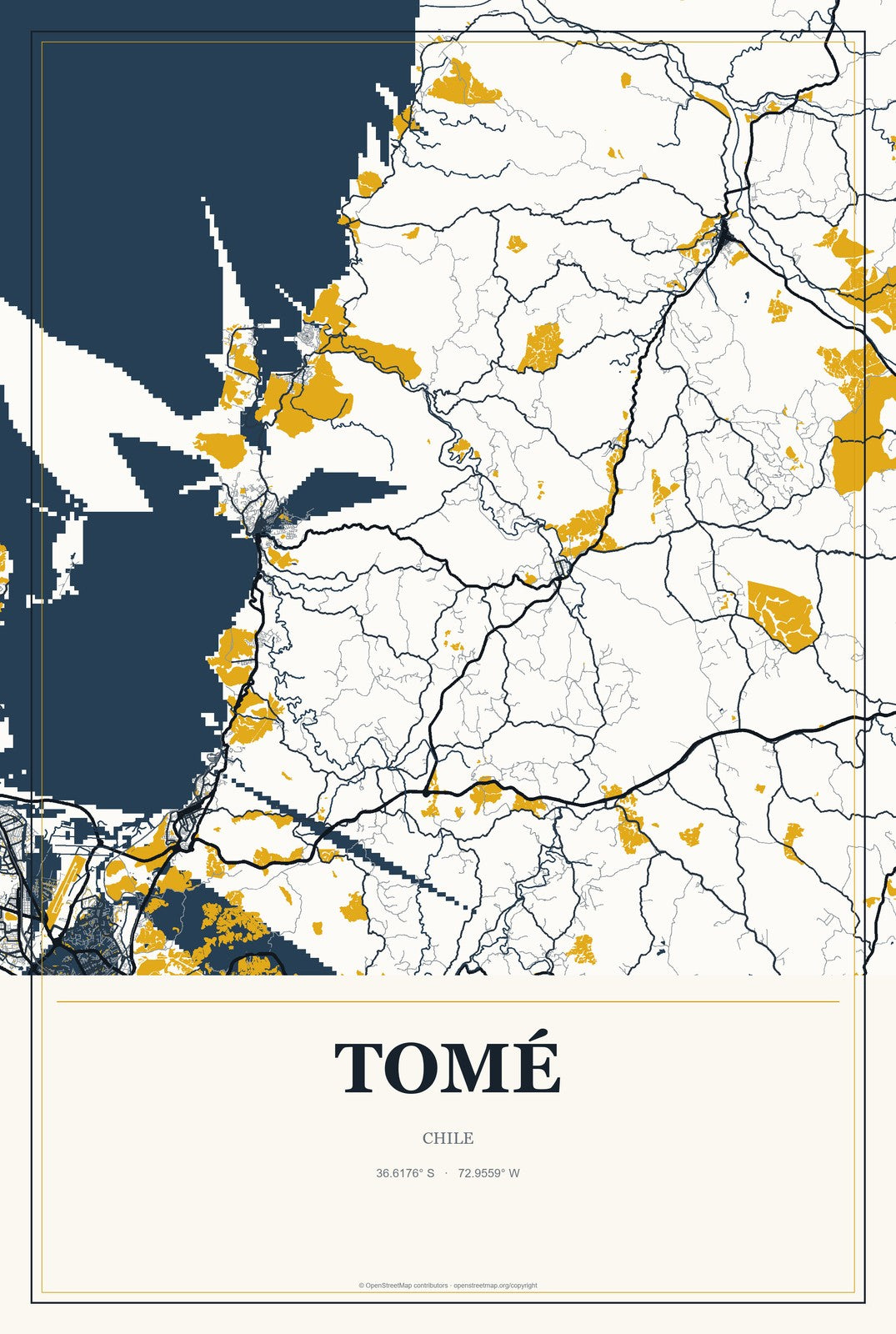 Tomé, Chile City Map Aluminum Sign in Citrine Modern style